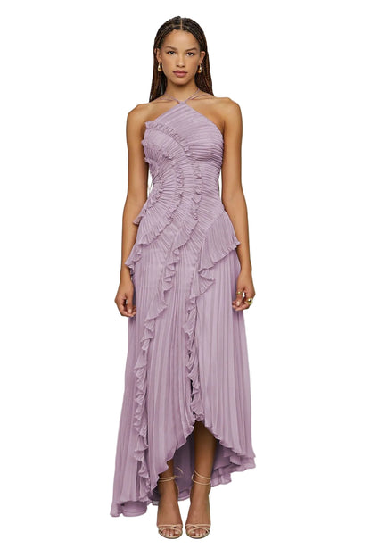 purple pleated ruffle halter maxi dress women
