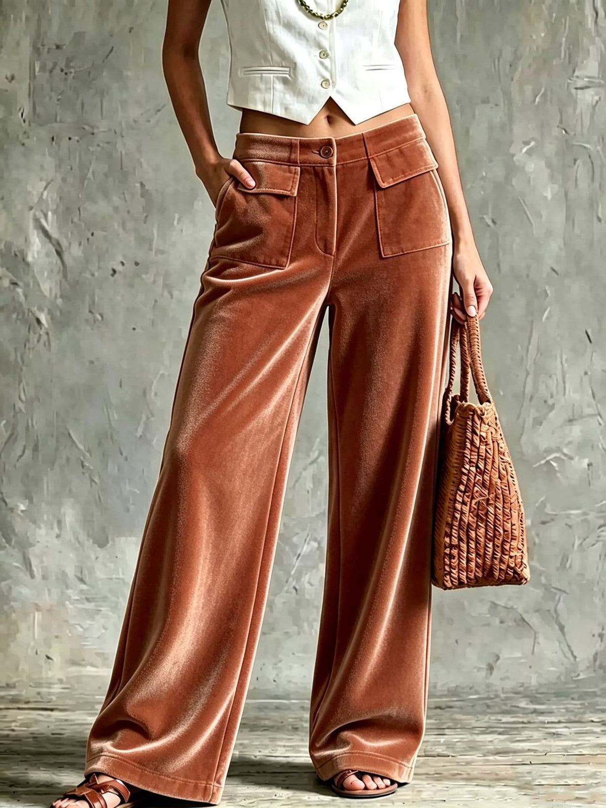 Autumnwinter Elegant Solid-color Velvet Trousers in Reddish Brown