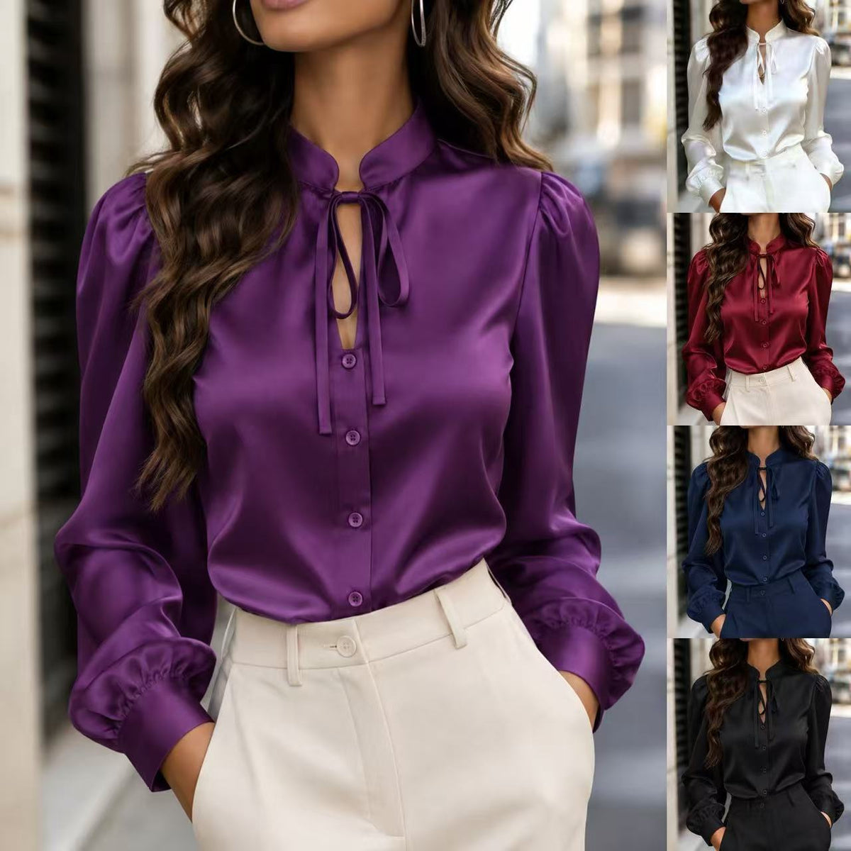 Fashionable And Elegant Satin Long-sleeve Blouse With A Tie Neckline