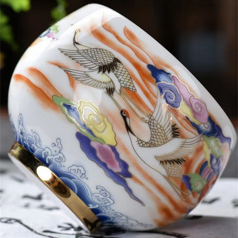 Decorative ceramic item with colorful crane design 