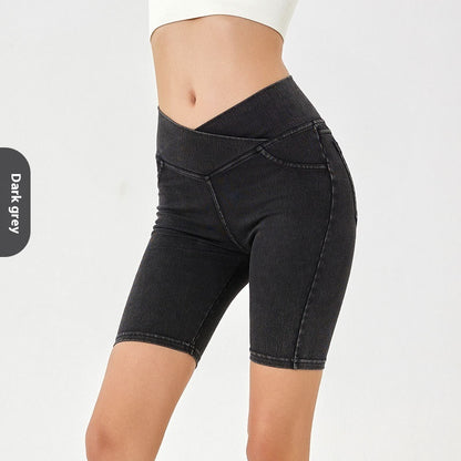 Stretchy denim cycling shorts women high waist athletic bike shorts

