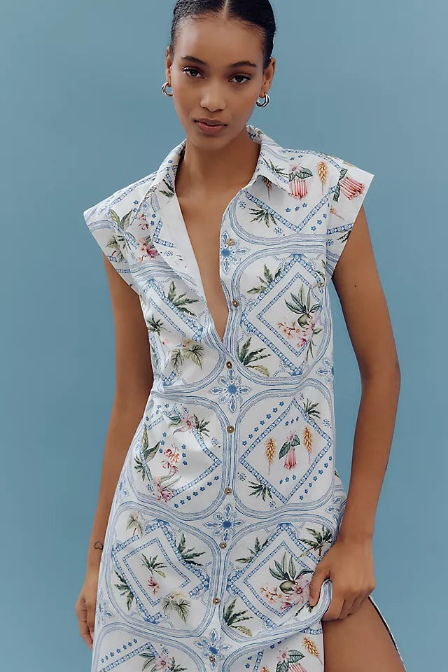 vintage midi dress floral tile print feminine fit