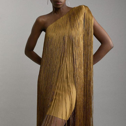 Women's one-shoulder fringe midi dress in elegant asymmetric style — Uplift Luxe evening wear