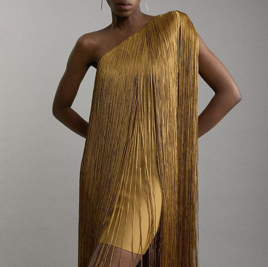 One shoulder tassel midi dress asymmetric bandage gold cocktail party

