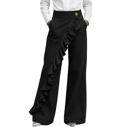 Women's high waist wide leg denim pants ruffle detail blue black

