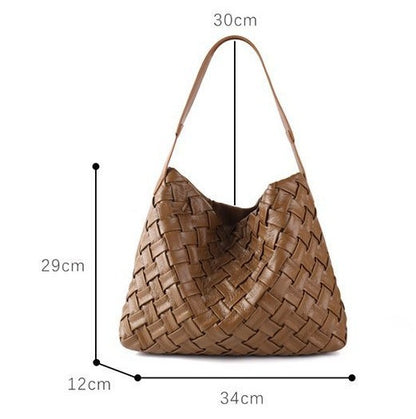 Brown woven handbag with measurements 