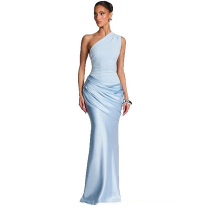 Elegant One-Shoulder Sleeveless Ruched Satin Formal Gown with Clean Asymmetric Neckline and Long Flared Skirt