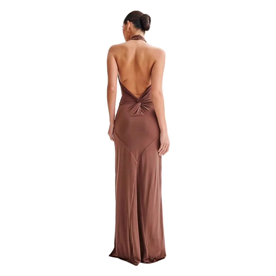 Brown evening gown with open back 