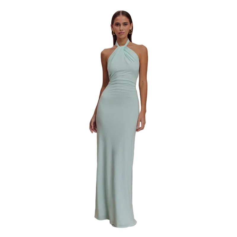 

Cyan evening gown with halter neck - backless maxi dress for cocktail party and prom