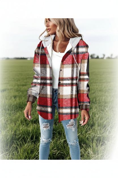 Plaid button-front hooded coat in red – front view showing front pocket detail and extra long sleeve length
