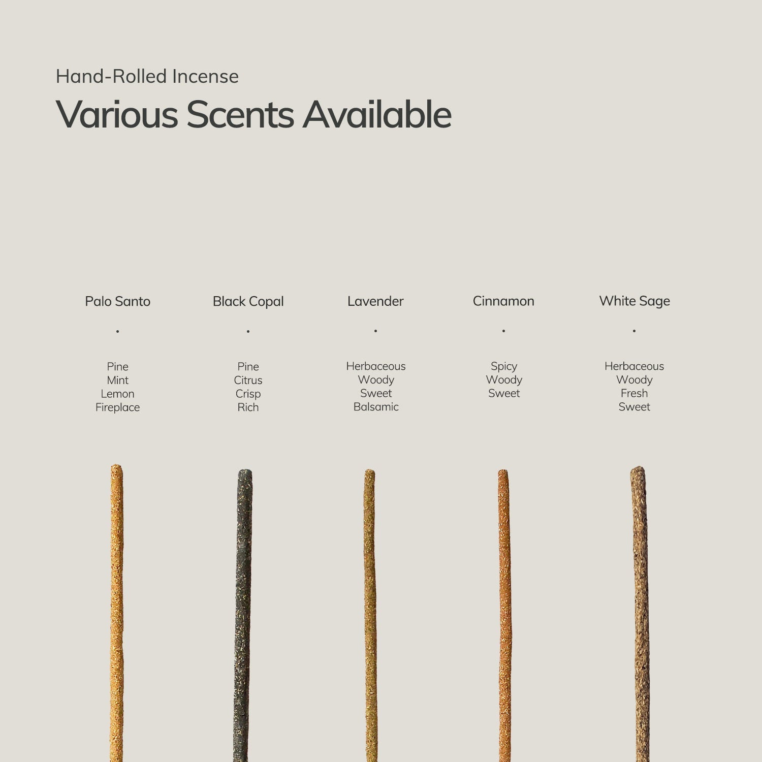 Hand-rolled incense sticks with descriptions of various scents 
