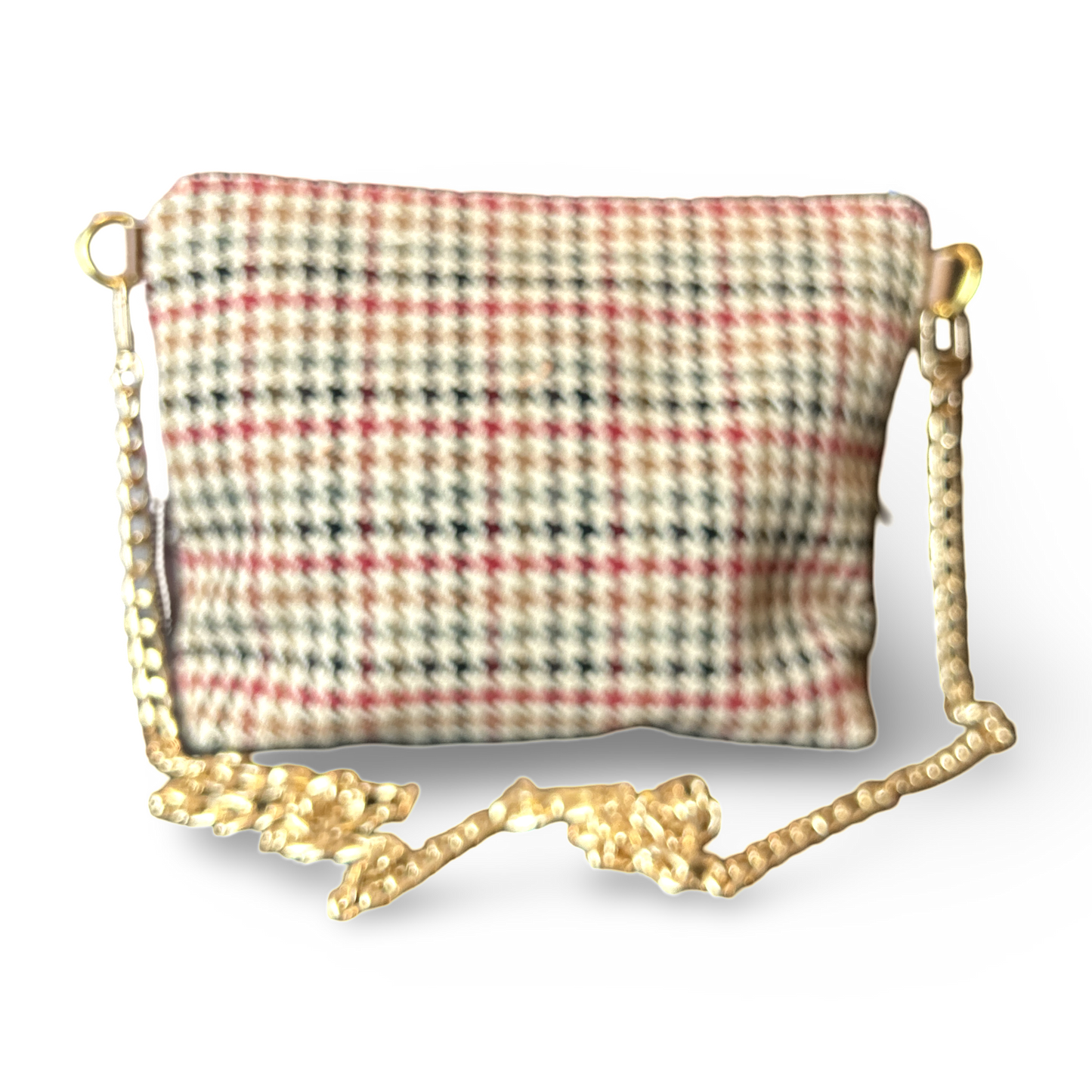 Plaid handbag with gold chain strap on a white background