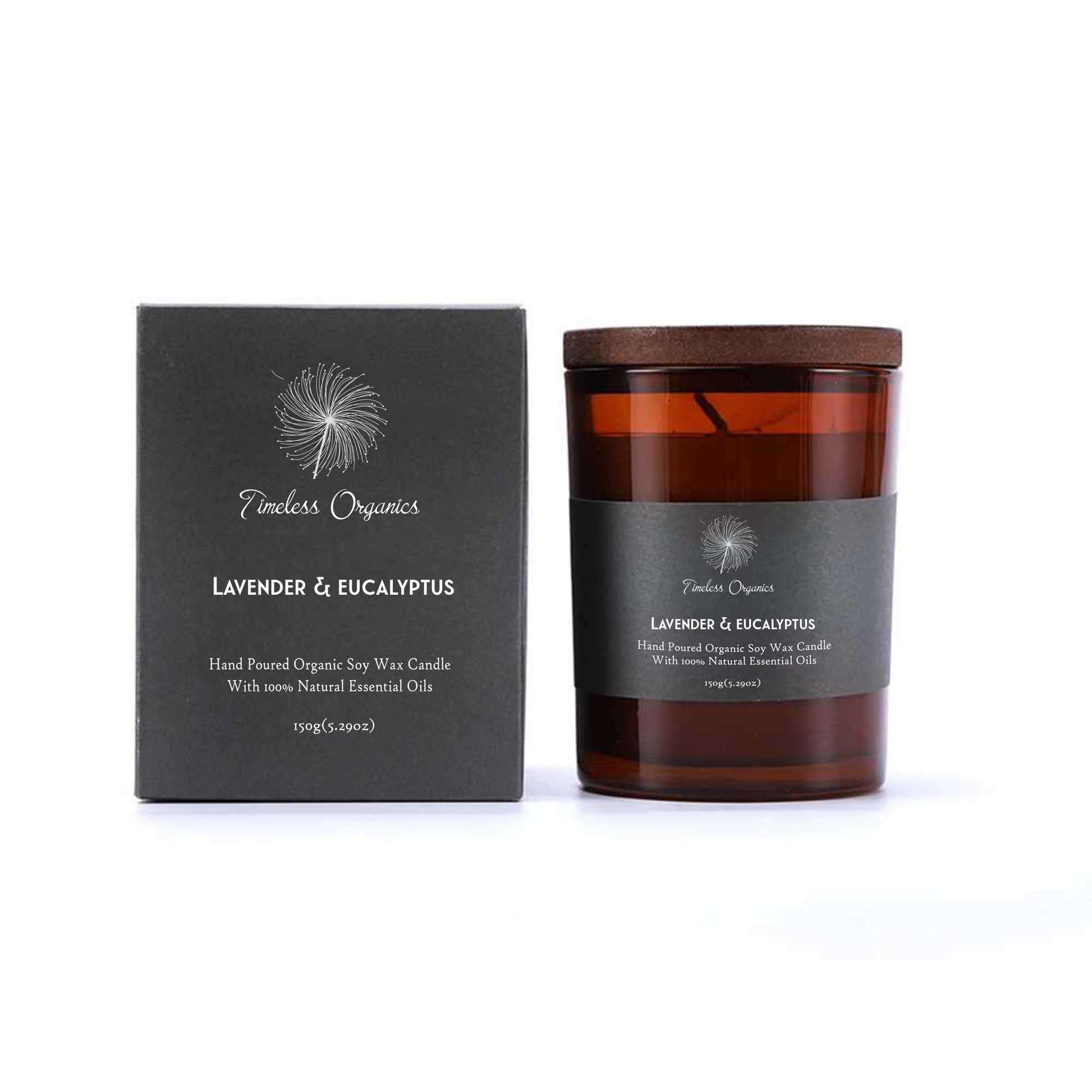 Candle and packaging with 'Timeless Organics' branding 