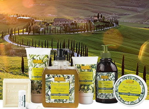 Collection of skincare products with a scenic background of a village and green fields.