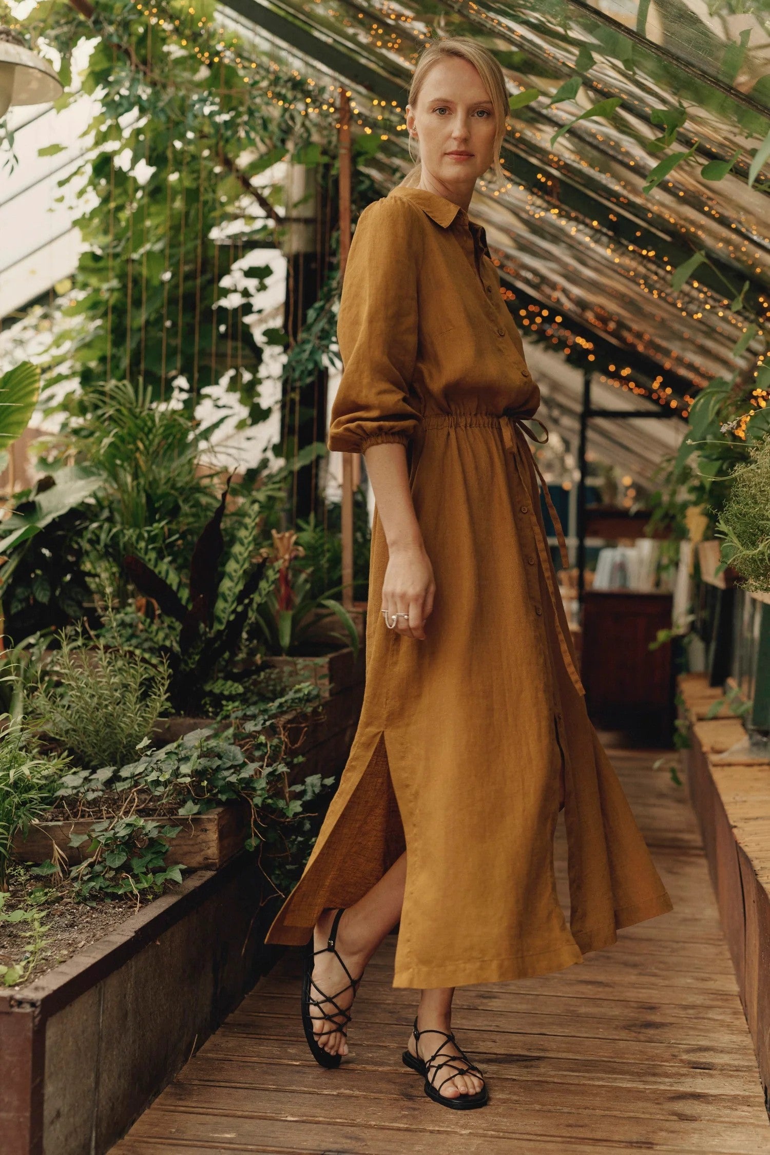 Full-length bronze linen maxi dress with relaxed fit