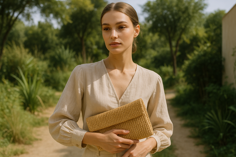 Magazine editorial image featuring sustainable fashion with eco-friendly clothing and accessories.