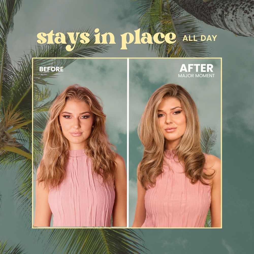 Before and after comparison of a woman's hair with text 'stays in place ALL DAY' 