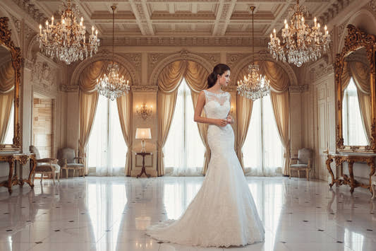 Ivory lace mermaid wedding dress with illusion bateau neckline and open low back 

