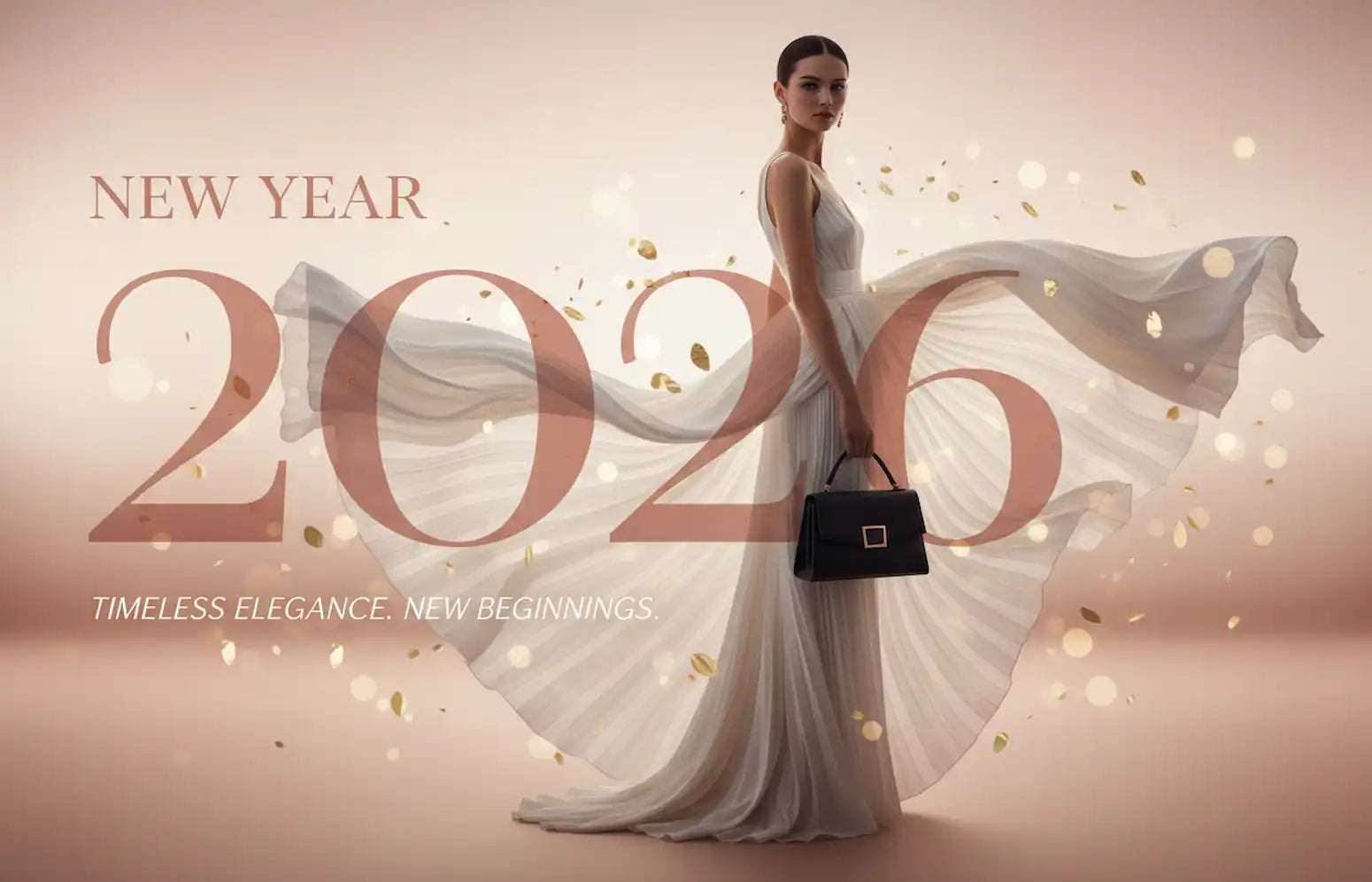Woman in a white dress holding a black handbag with 'New Year 2025' text on a beige background.