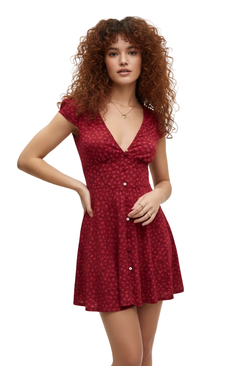 Red V-neck button dress studio