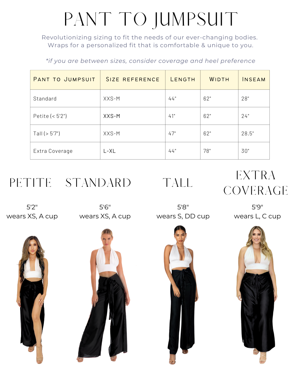 Pant to Jumpsuit size chart with measurements and models wearing different sizes.