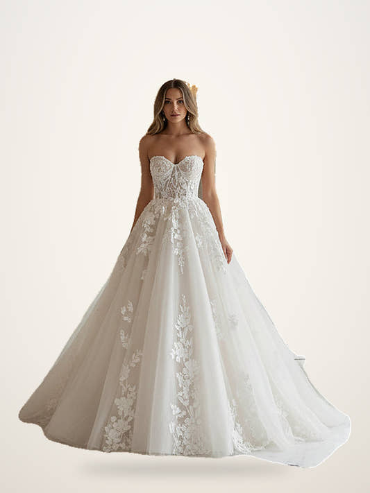 Strapless Lace Bridal Gown with Flowing Skirt