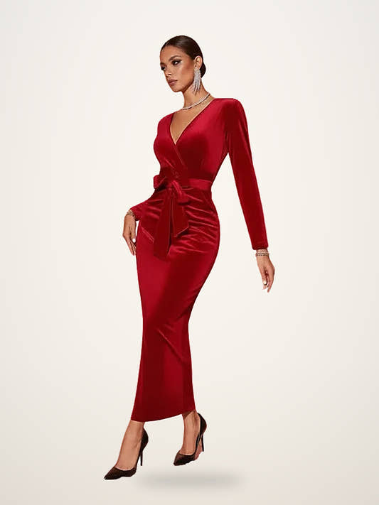 Red Velvet Midi Dress V-Neck Mid-Length