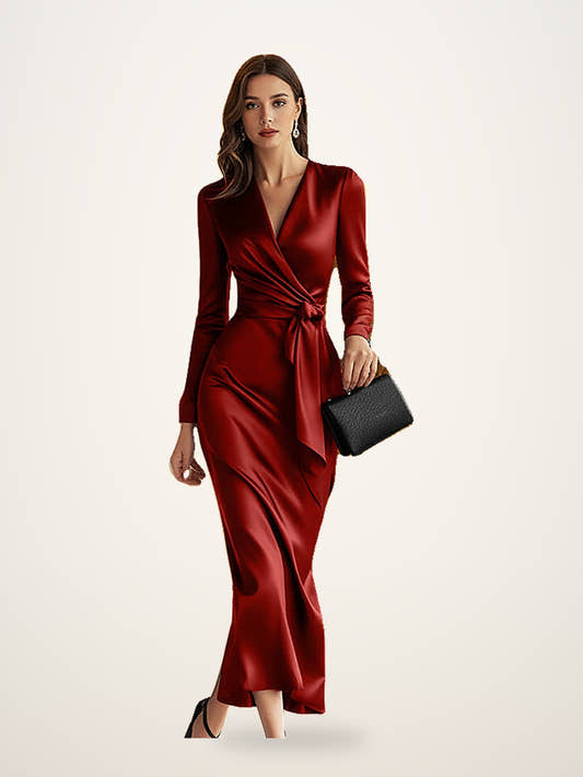 V-Neck Satin Midi Dress Belted Long Sleeve