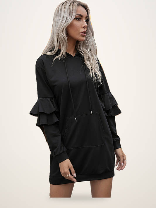 Sophisticated Black Ruffled Hoodie Dress