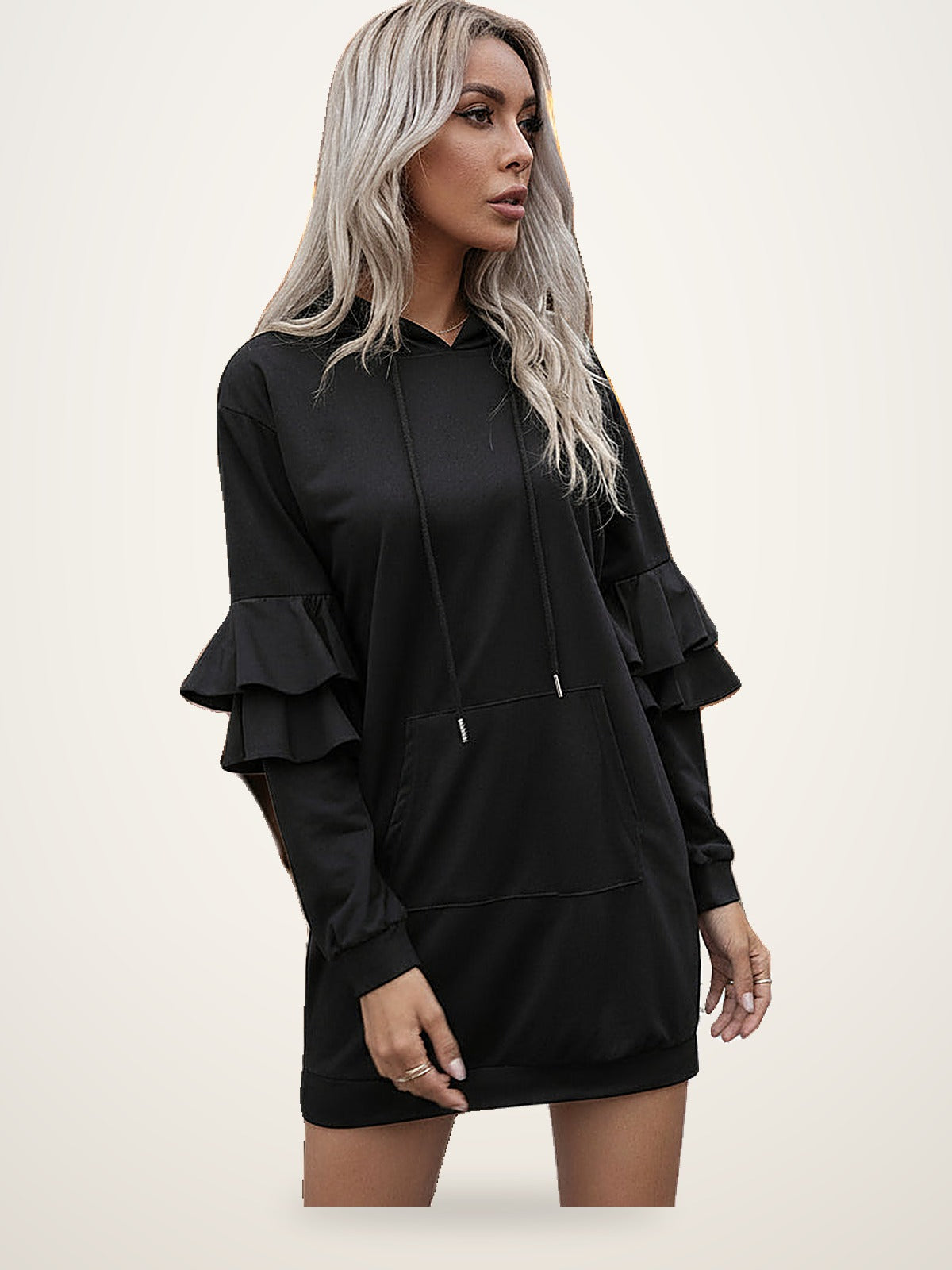 Sophisticated Black Ruffled Hoodie Dress – photo 2