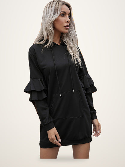 Sophisticated Black Ruffled Hoodie Dress