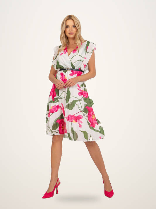 Floral Frill Sleeve Belted Midi Dress
