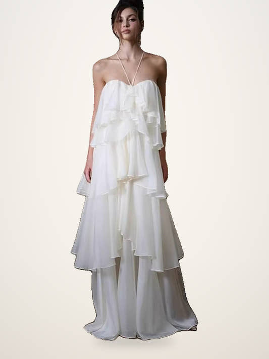 White Tiered Ruffle Halter Maxi Dress