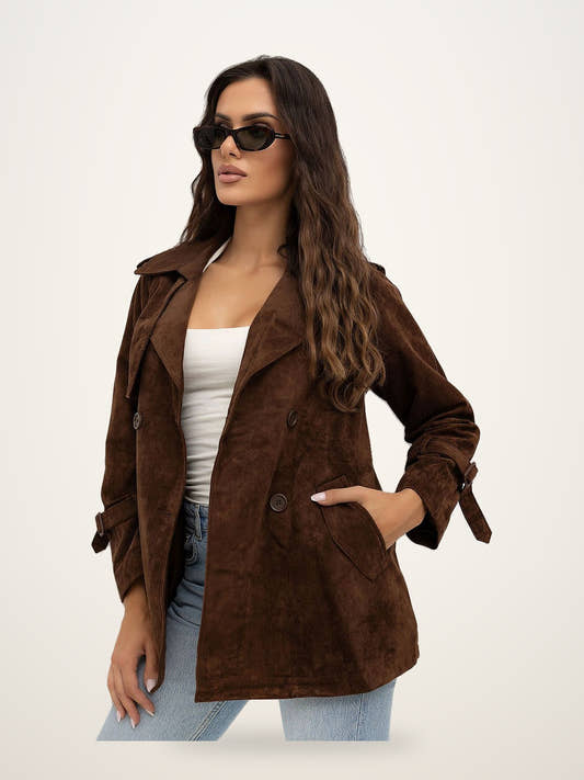Faux Suede Double-Breasted Short Coat
