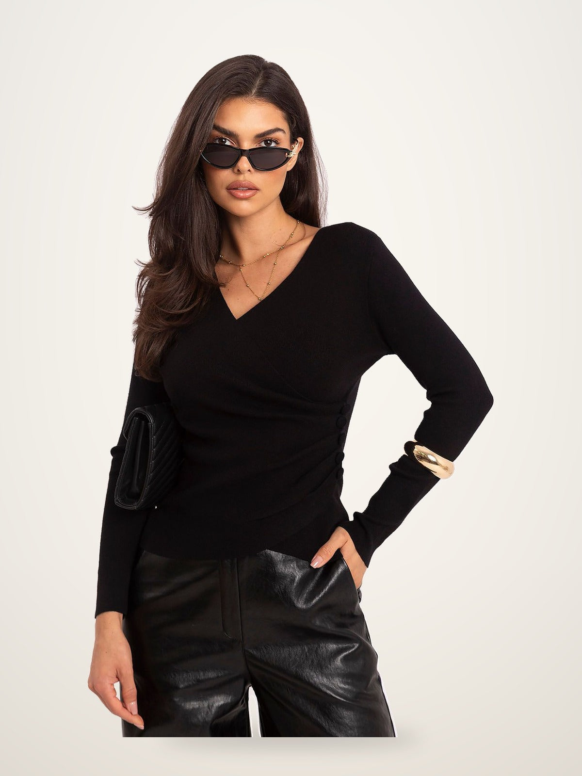 Ruched Wrap V-Neck Sweater with Buttons – photo 2