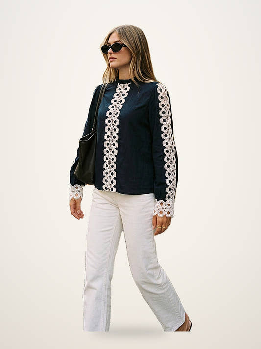 Boho Crochet Lace Trim Long Sleeve Blouse