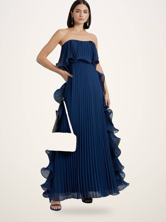 Strapless Pleated Ruffle Maxi Dress