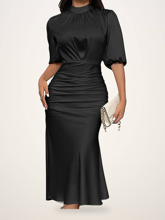 Ruched Satin Mock Neck Midi Dress