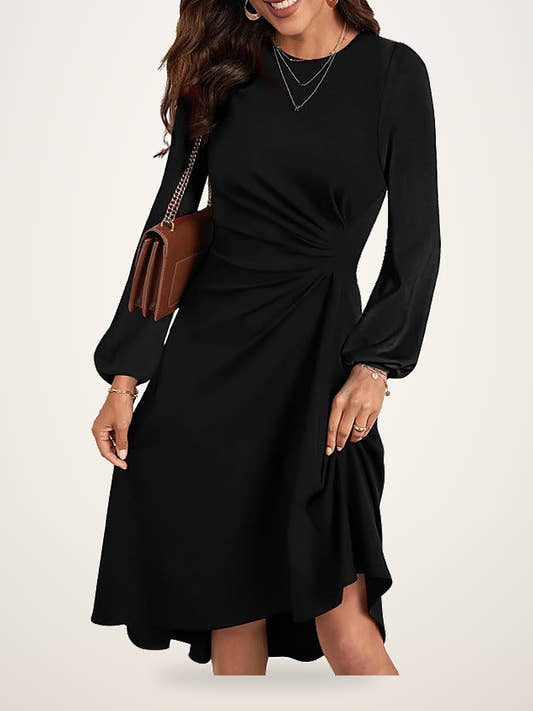Long Sleeve Ruched Waist A-Line Dress