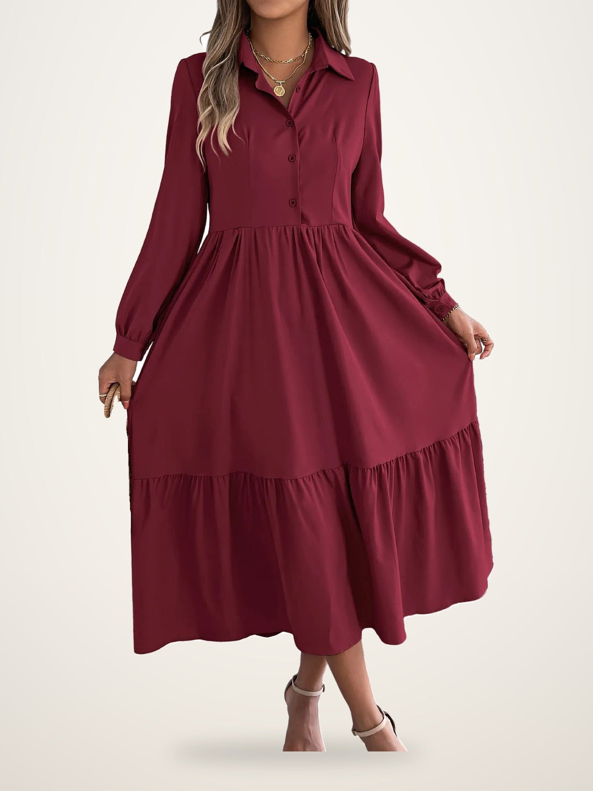 Lapel Ruffle Long Sleeve Shirt Maxi Dress – photo 2