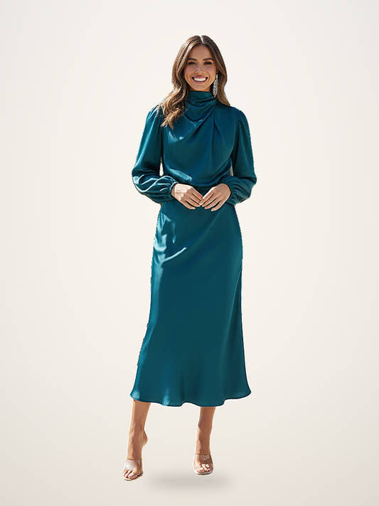 Satin Halter Lantern Sleeve Dress