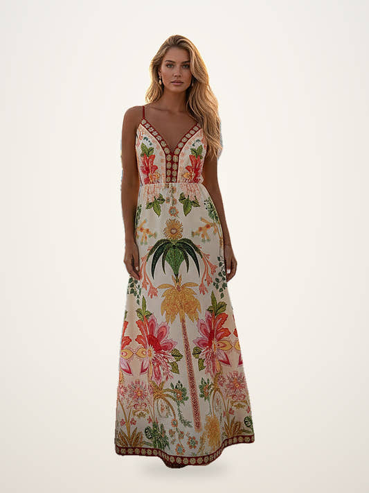 Palm Tree Print Spaghetti Strap Long Dress