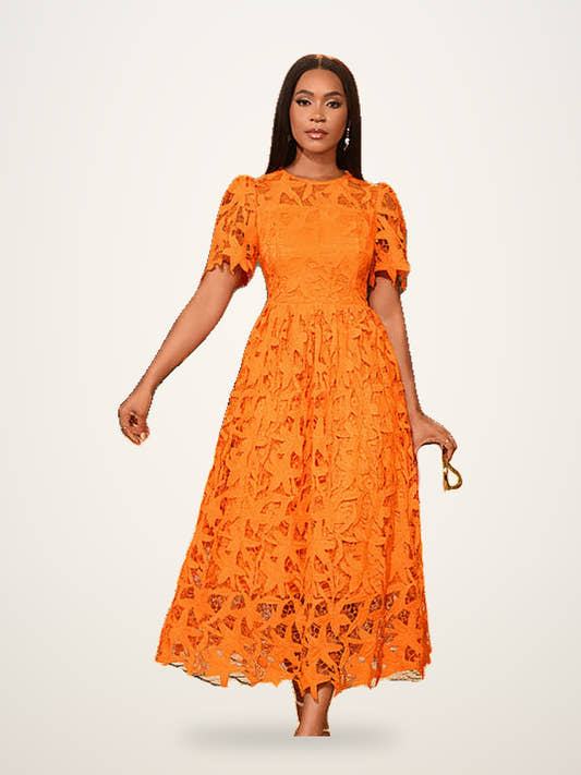 Puff Sleeve Lace Patchwork Midi Dress