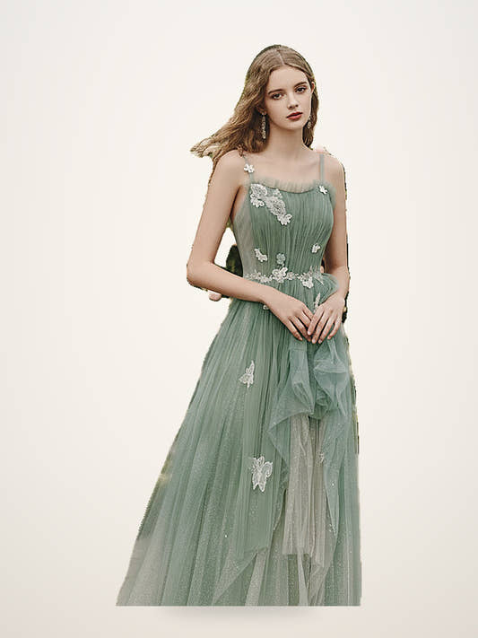 Sage Green Butterfly Tulle Gown