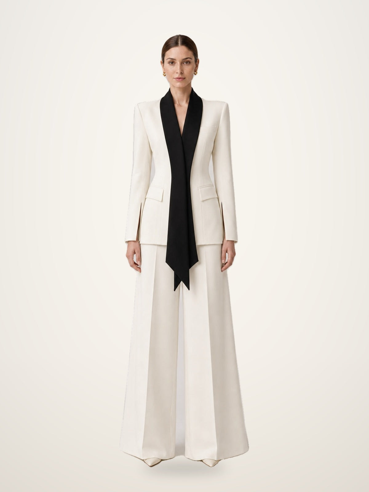 Cream Suit with Black Scarf Lapel