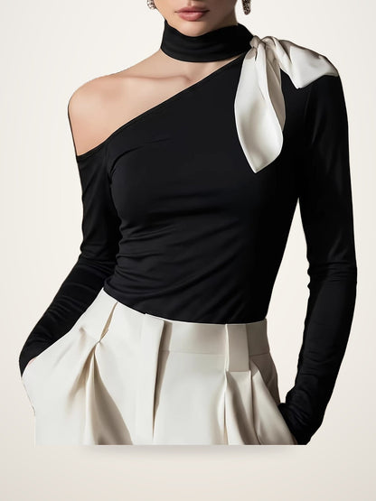 One-Shoulder Scarf Neck Top