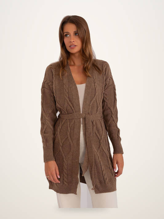 Brown Belted Wool-Blend Cardigan