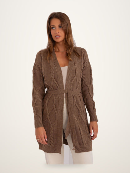 Brown Belted Wool-Blend Cardigan