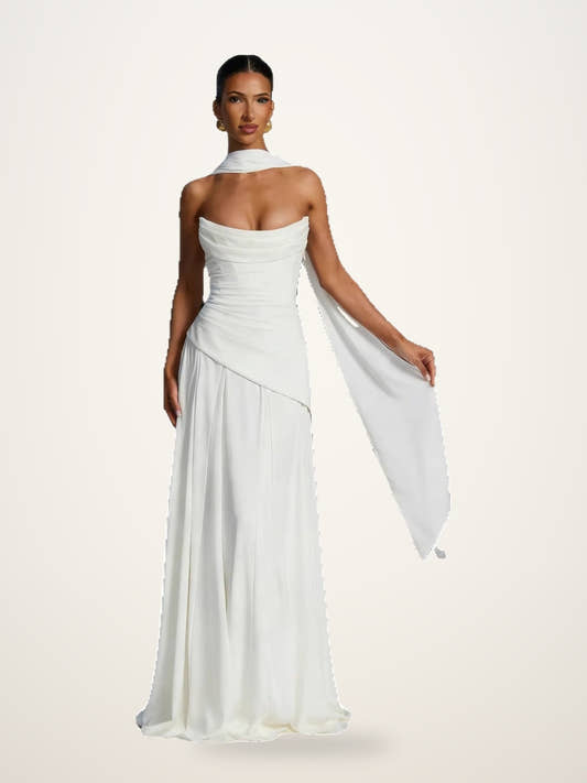 Asymmetric Strapless Gown with Draped Collar