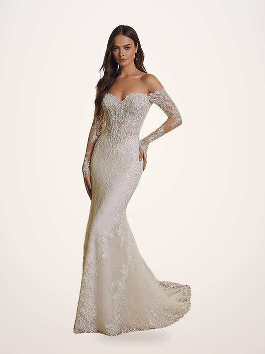 Off-shoulder Lace Long Sleeve Fishtail Gown